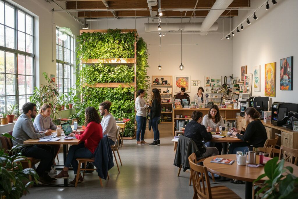 Café moderne avec plantes, clients et staff.